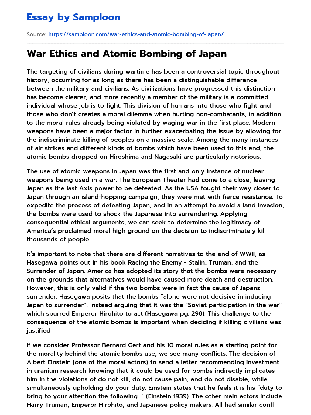 ≫ War Ethics and Atomic Bombing of Japan Free Essay Sample on
