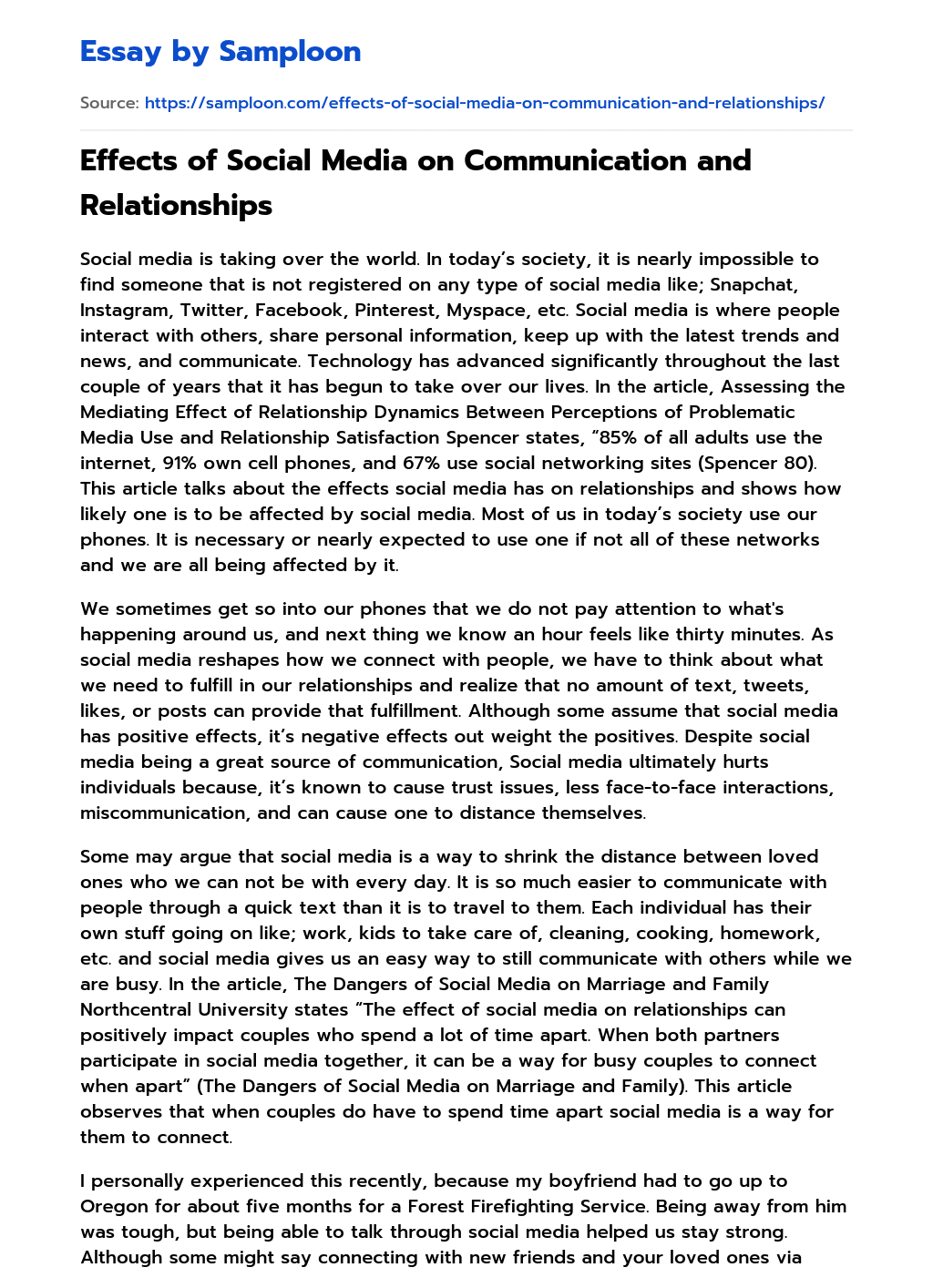 ≫ Effects of Social Media on Communication and Relationships Free Essay