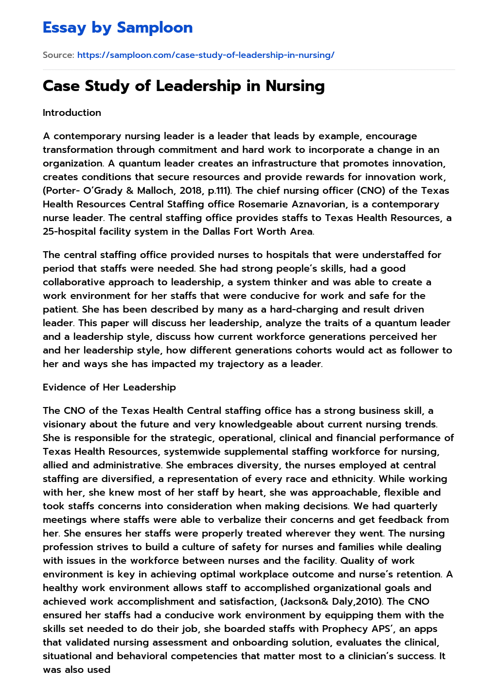 ≫ Case Study of Leadership in Nursing Free Essay Sample on