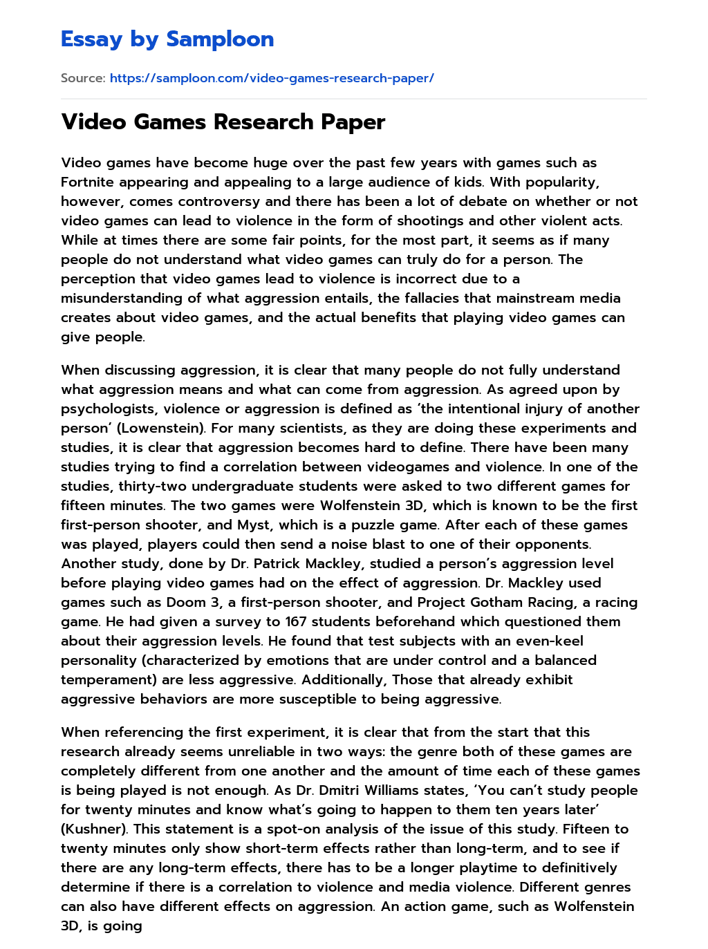 ≫ Video Games Research Paper Free Essay Sample on