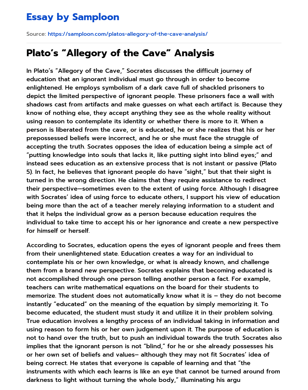 ≫ Plato’s “Allegory of the Cave” Analysis Free Essay Sample on