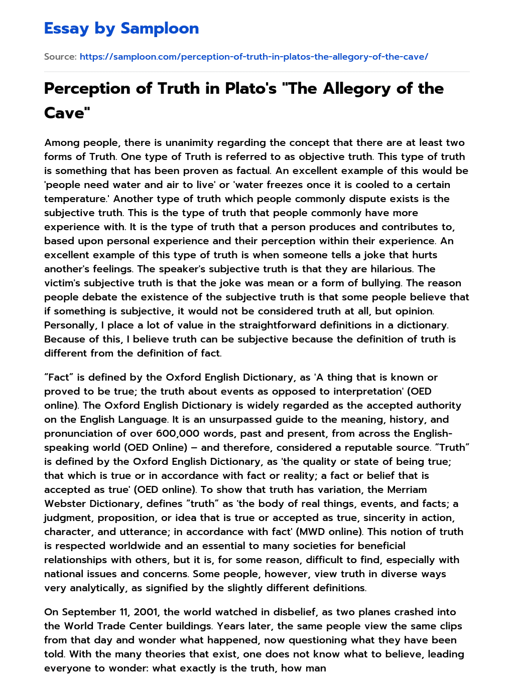 ≫ Perception of Truth in Plato's "The Allegory of the Cave" Free Essay