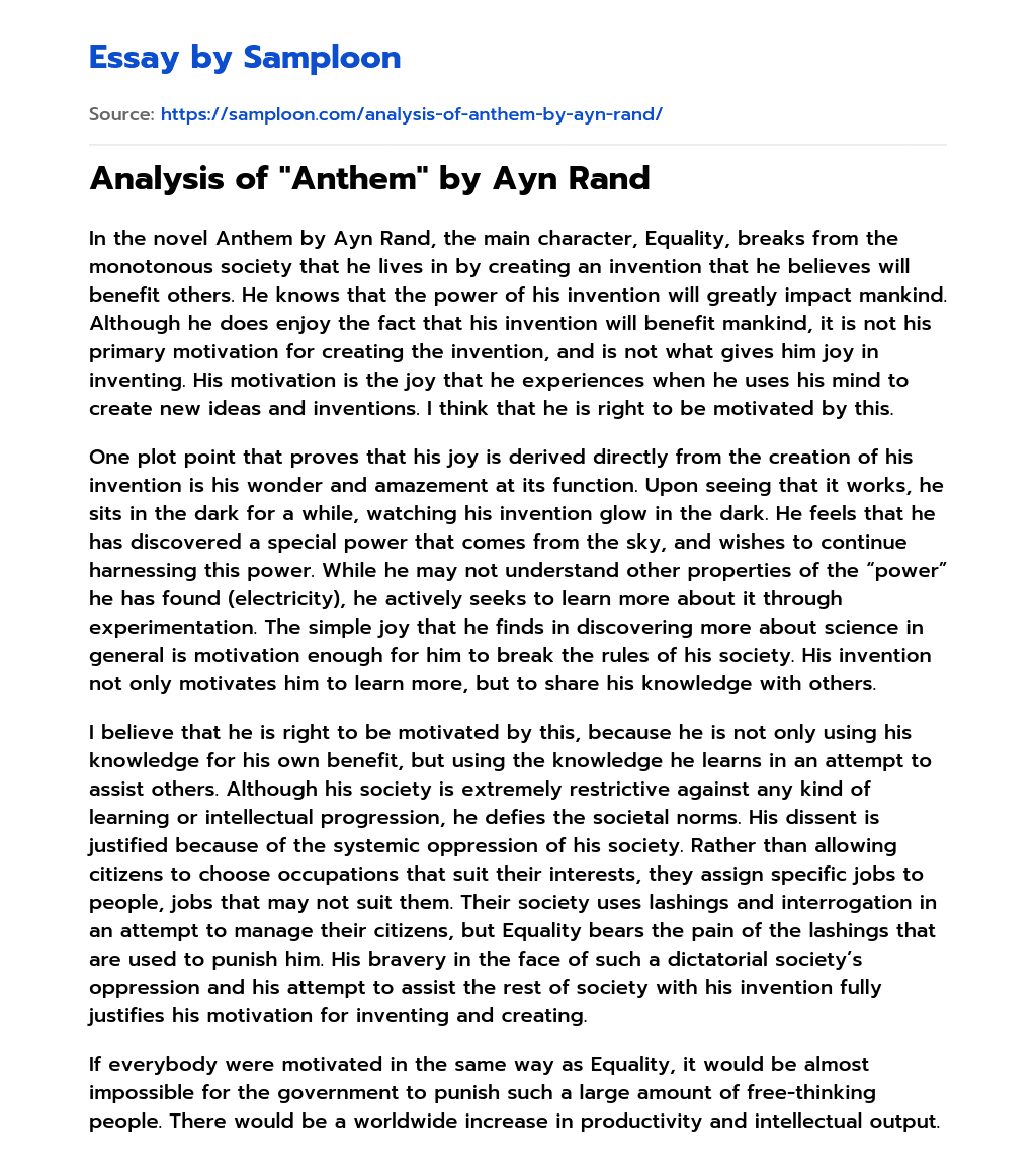 ≫ Analysis of "Anthem" by Ayn Rand Free Essay Sample on