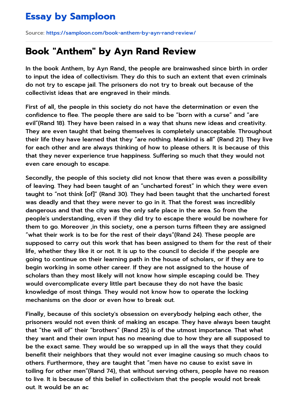 ≫ Book "Anthem" by Ayn Rand Review Free Essay Sample on