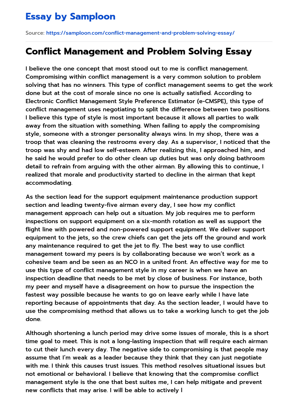≫ Conflict Management and Problem Solving Essay Free Essay Sample on