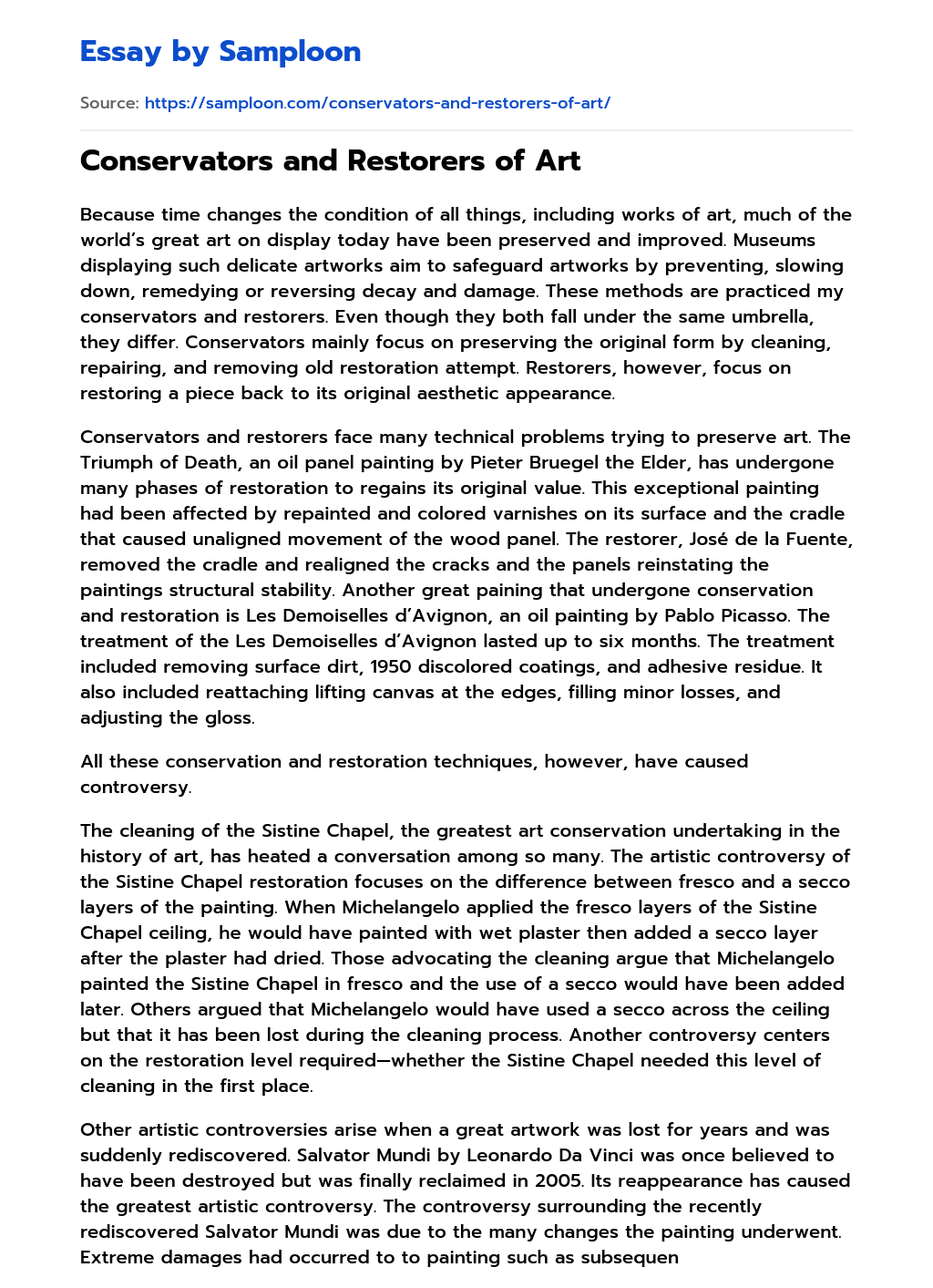 ≫ Conservators and Restorers of Art Free Essay Sample on