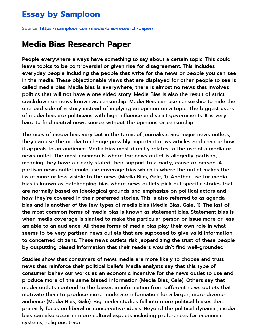 ≫ Media Bias Research Paper Free Essay Sample on