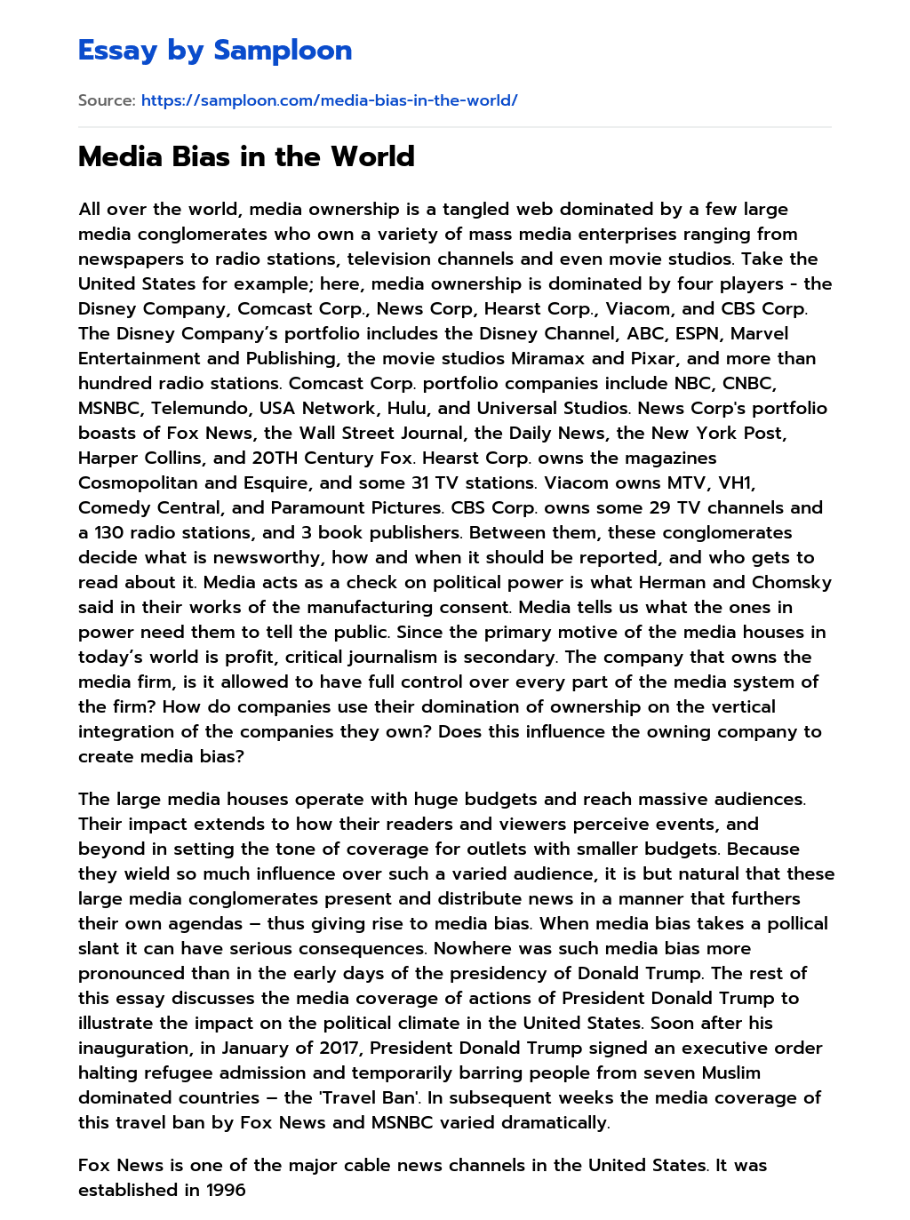 ≫ Media Bias in the World Free Essay Sample on