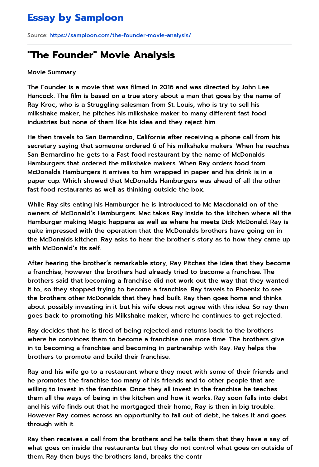 ≫ "The Founder" Movie Analysis Free Essay Sample on