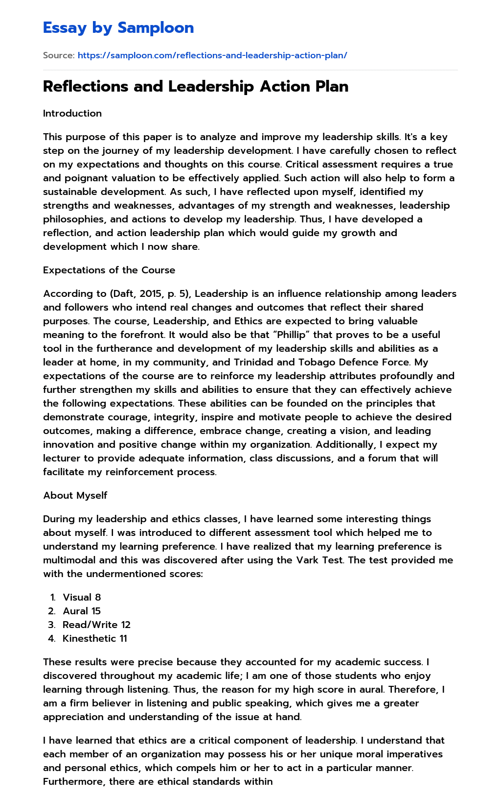 ≫ Reflections and Leadership Action Plan Free Essay Sample on