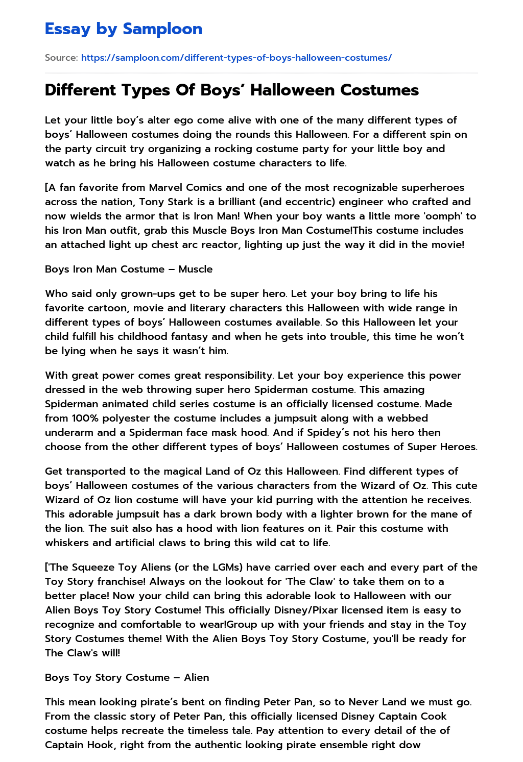 ≫ Different Types Of Boys’ Halloween Costumes Free Essay Sample on
