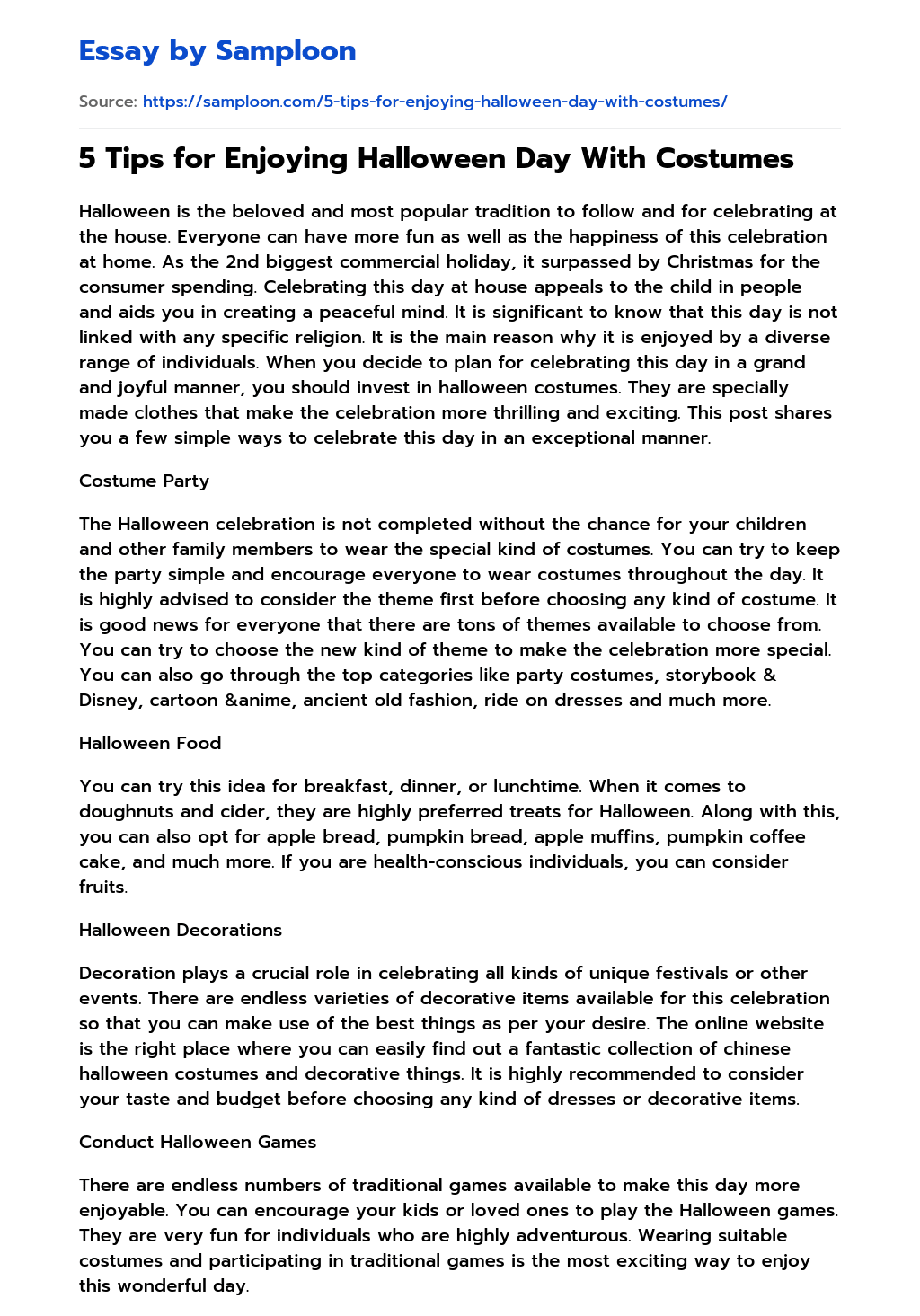 ≫ 5 Tips for Enjoying Halloween Day With Costumes Free Essay Sample on