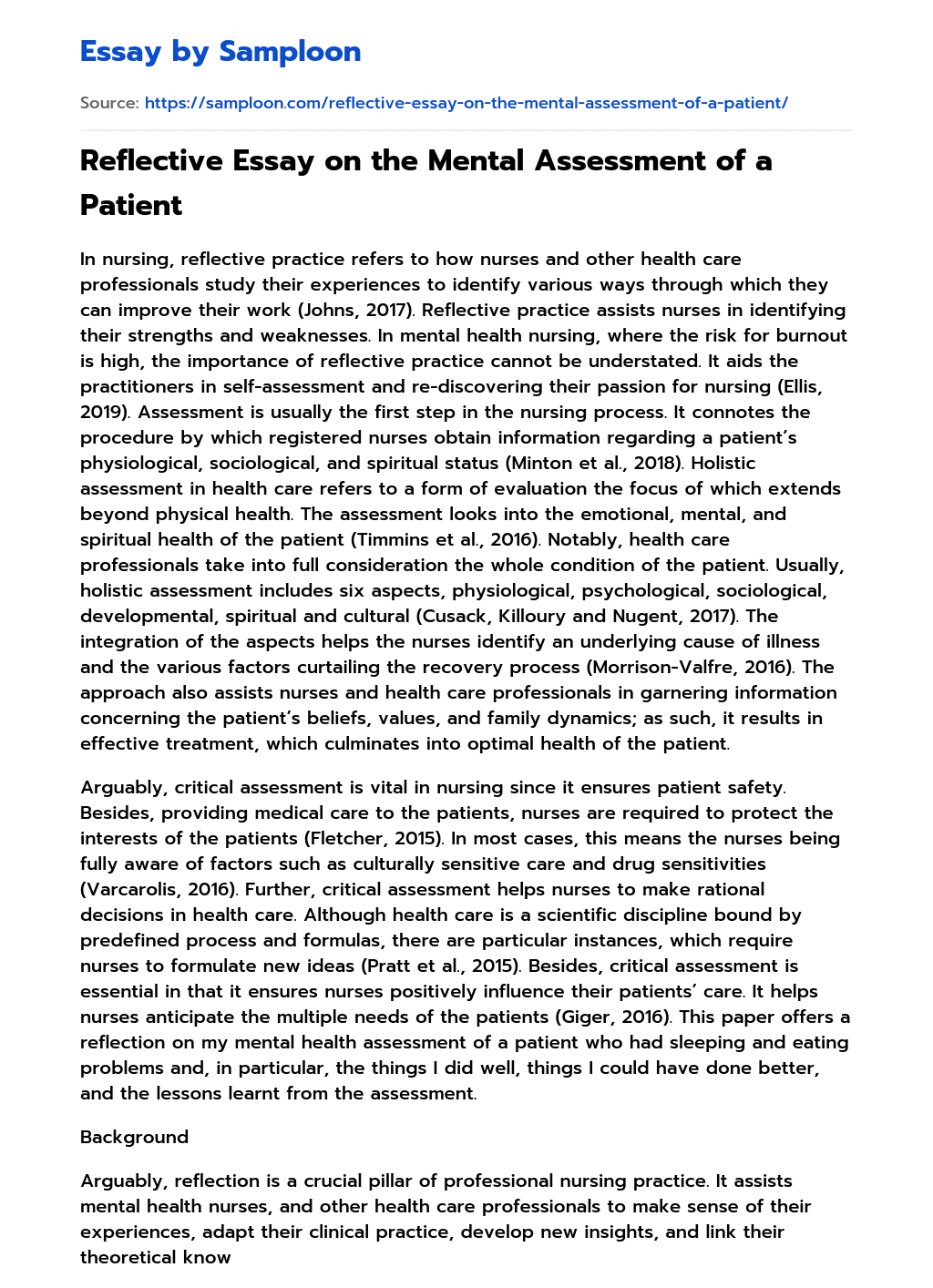 ≫ Reflective Essay on the Mental Assessment of a Patient Free Essay