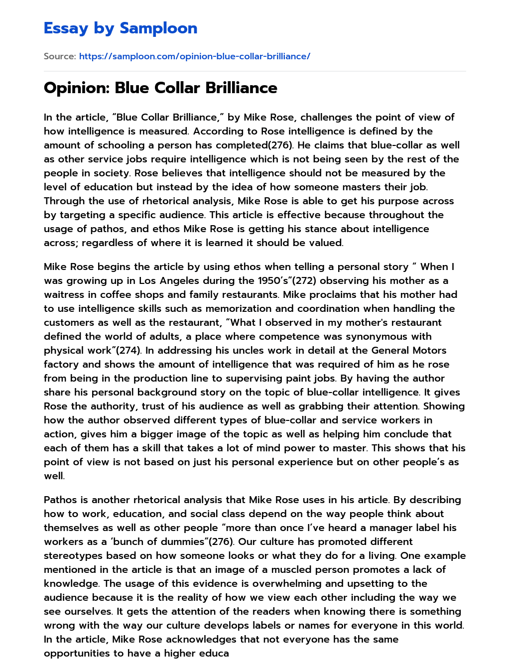 Opinion Blue Collar Brilliance Analytical Essay on