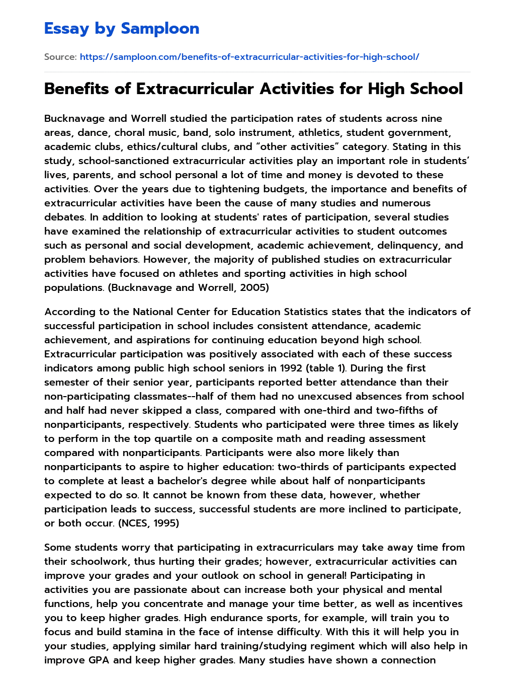 ≫ Benefits of Extracurricular Activities for High School Free Essay
