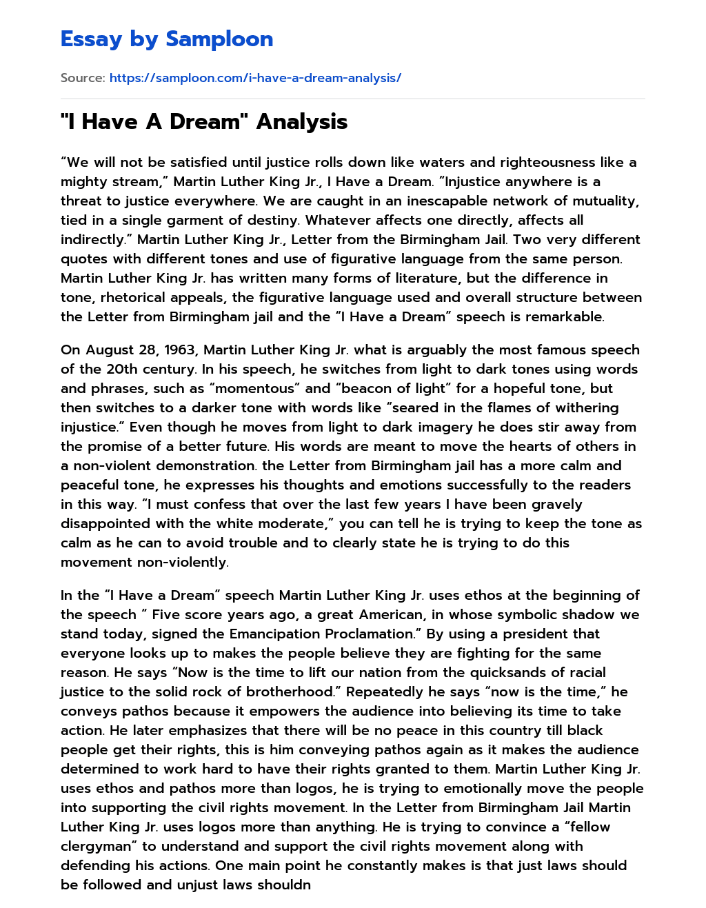 ≫ "I Have A Dream" Analysis Free Essay Sample on