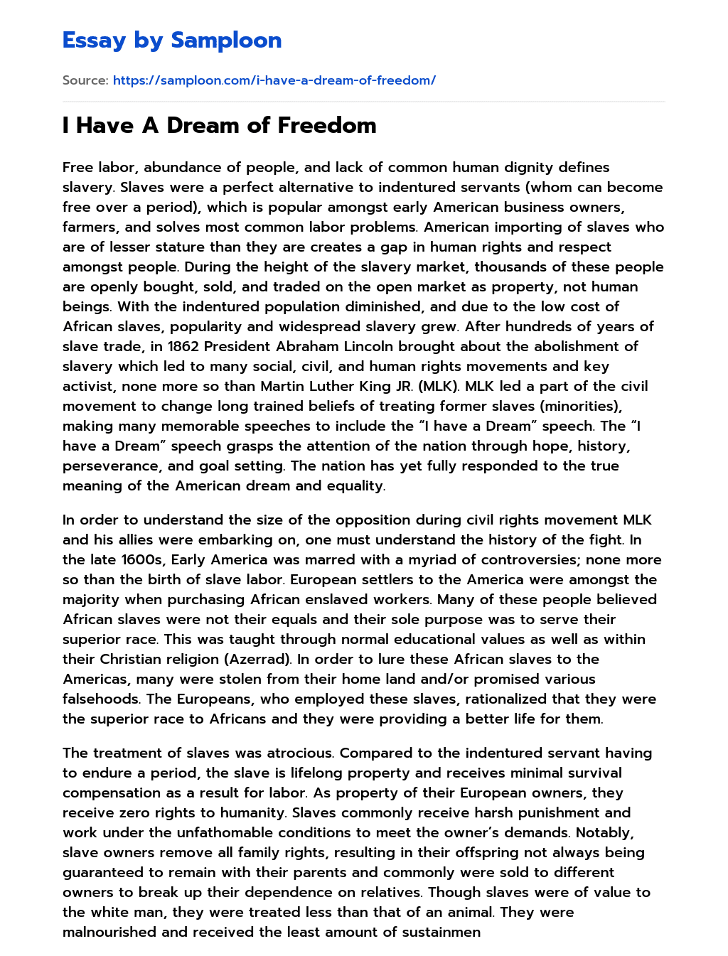 ≫ I Have A Dream of Freedom Free Essay Sample on