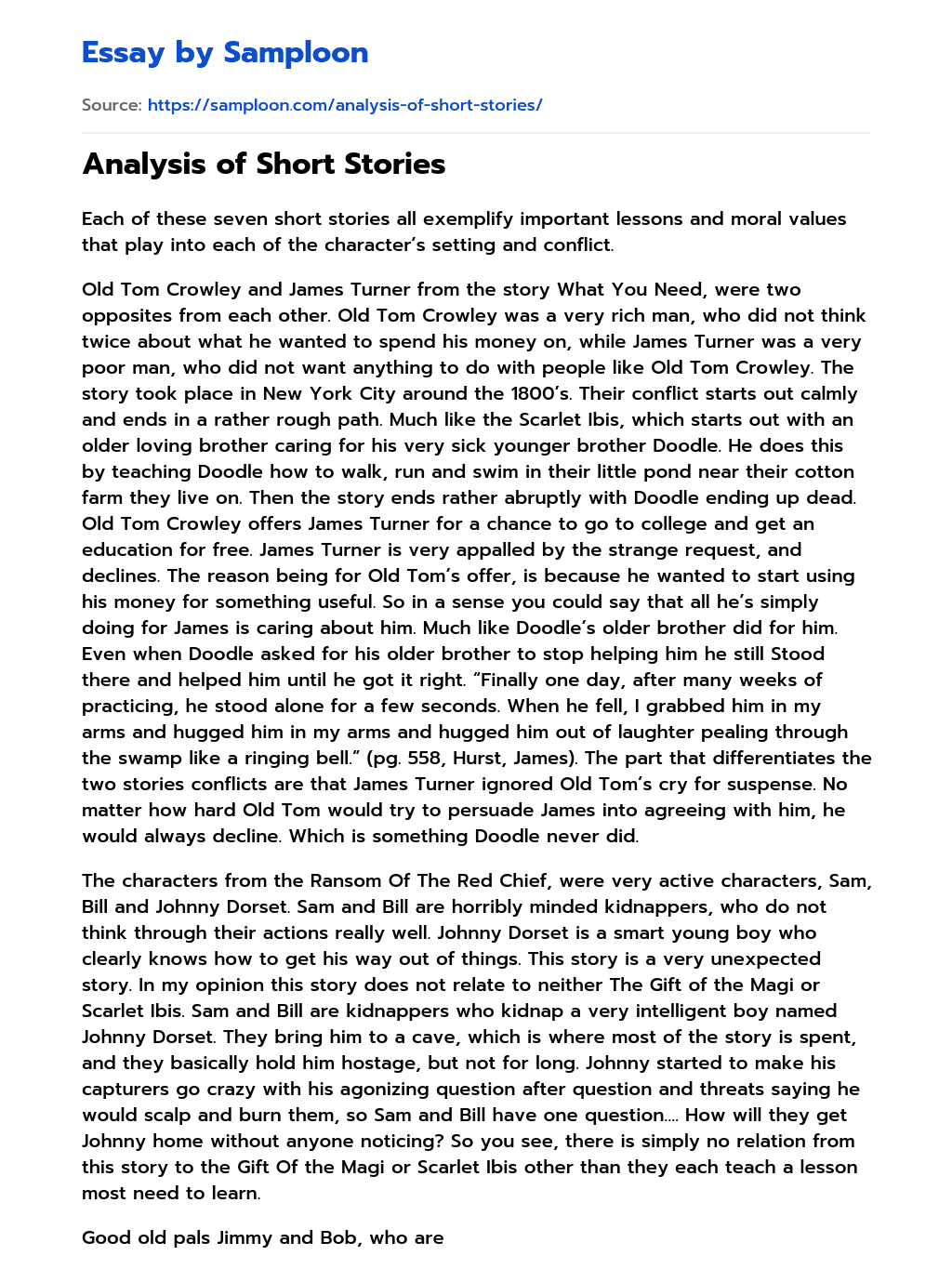 ≫ Analysis of Short Stories Free Essay Sample on