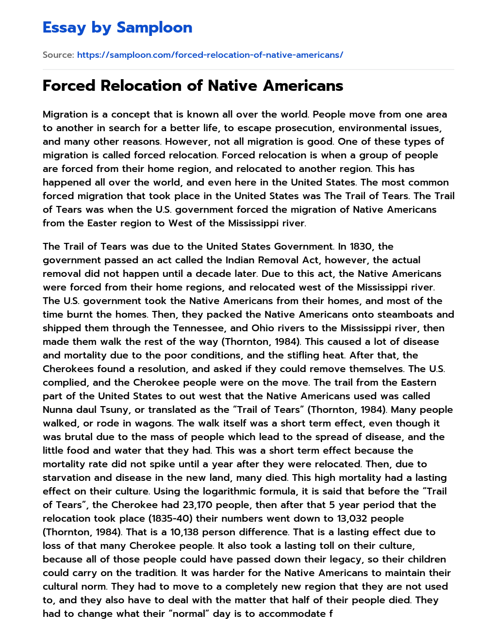 ≫ Forced Relocation of Native Americans Free Essay Sample on