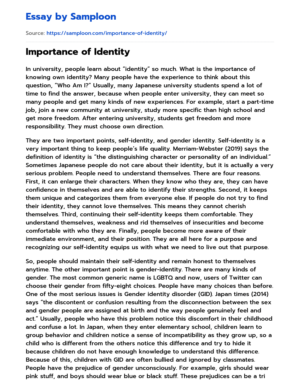 ≫ Importance of Identity Free Essay Sample on