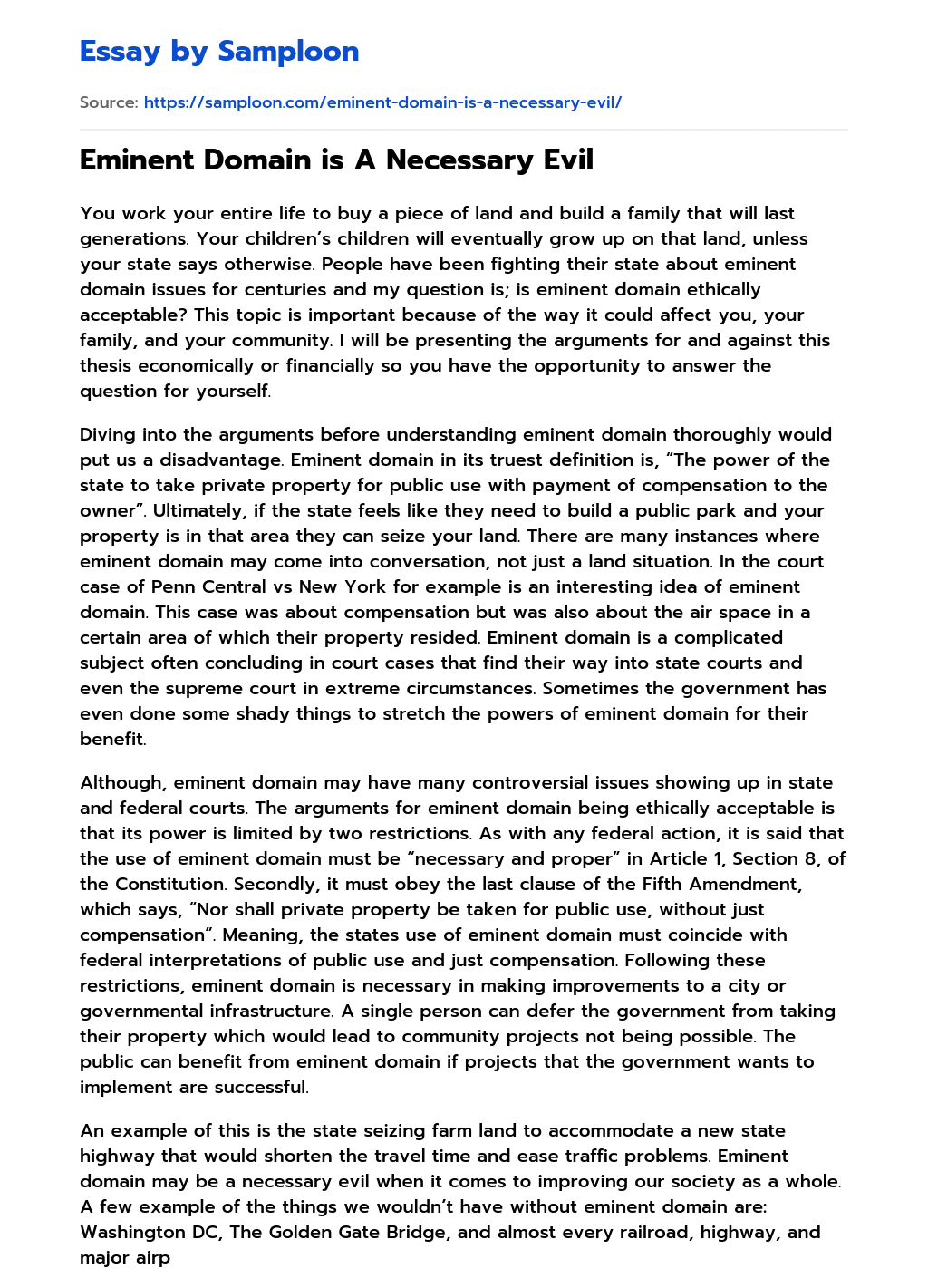 ≫ Eminent Domain is A Necessary Evil Free Essay Sample on