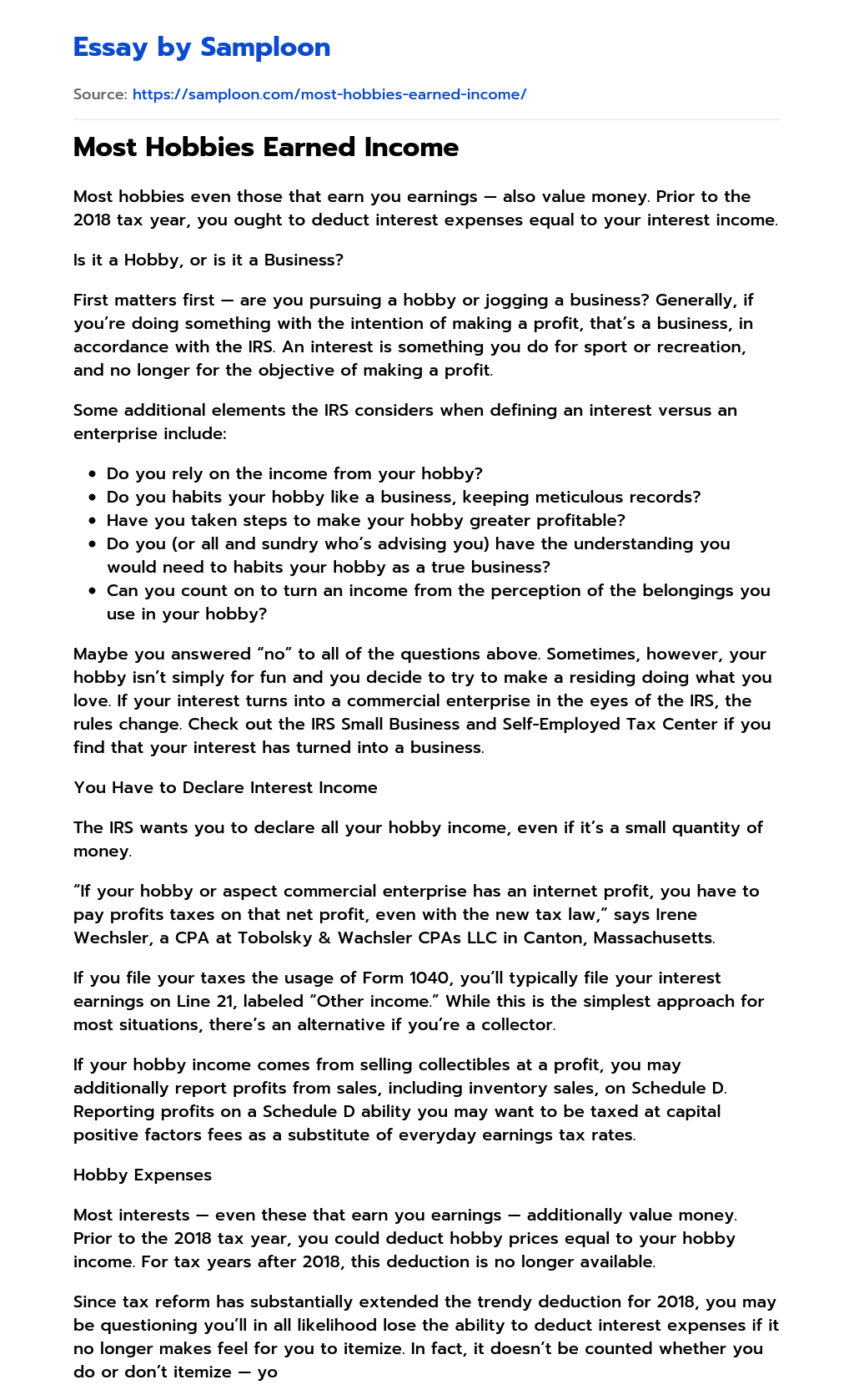 ≫ Most Hobbies Earned Free Essay Sample on