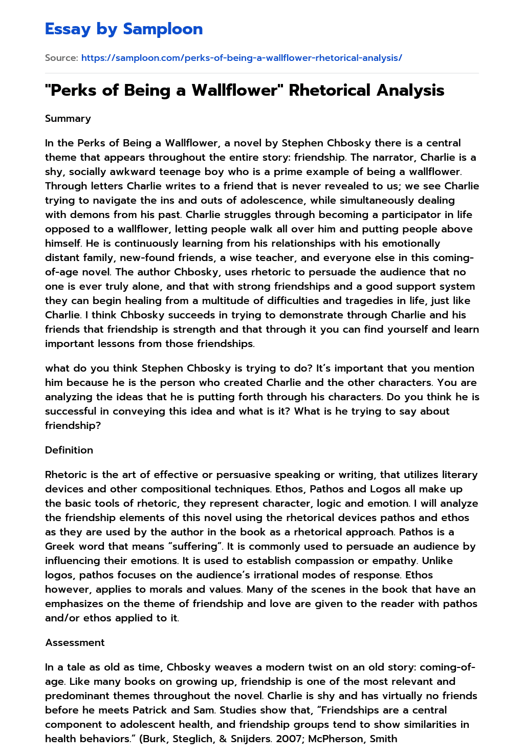 ≫ "Perks of Being a Wallflower" Rhetorical Analysis Free Essay Sample