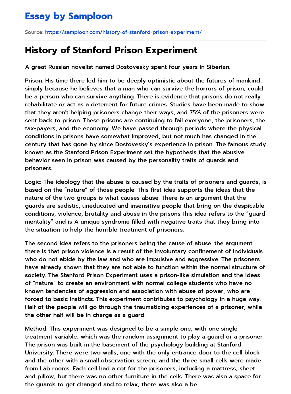 ≫ History of Stanford Prison Experiment Free Essay Sample on