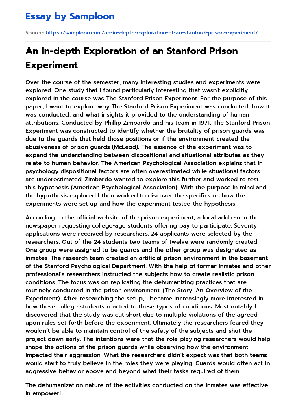 ≫ An Indepth Exploration of an Stanford Prison Experiment Free Essay