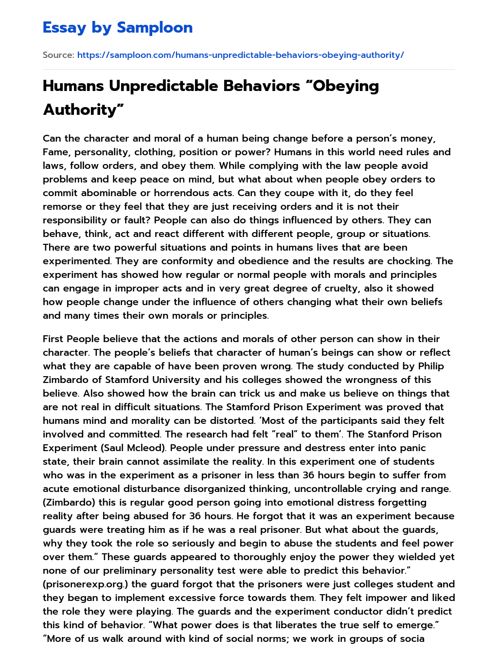 ≫ Humans Unpredictable Behaviors “Obeying Authority” Free Essay Sample
