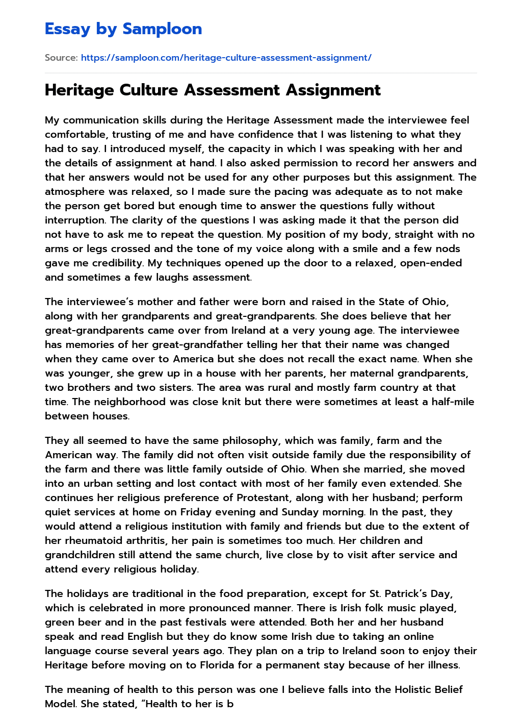 ≫ Heritage Culture Assessment Assignment Free Essay Sample on