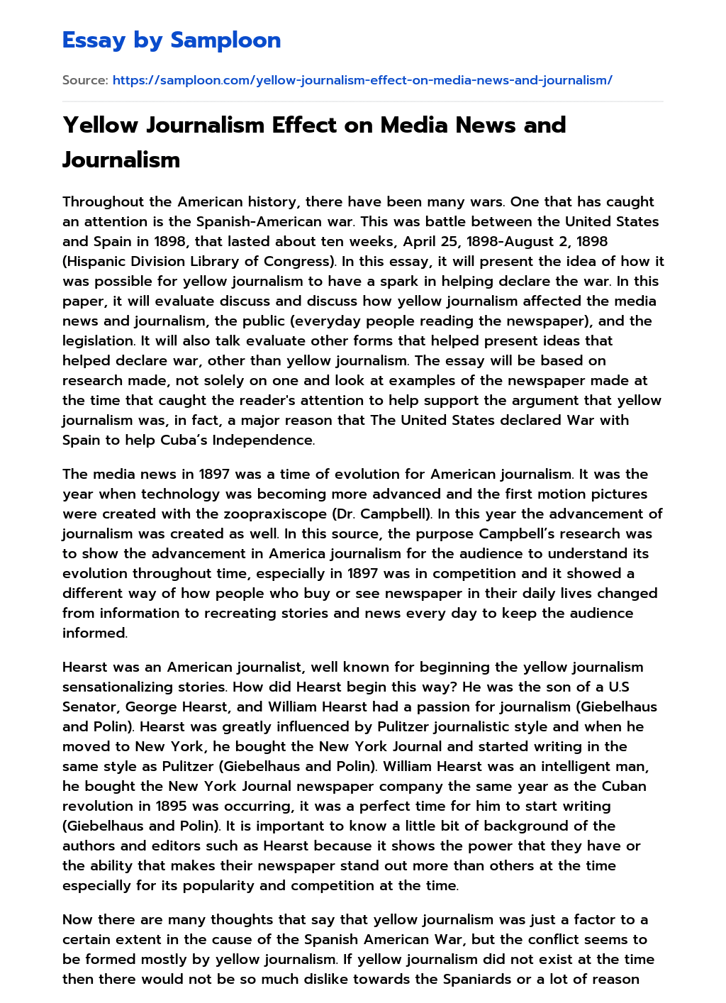 ≫ Yellow Journalism Effect on Media News and Journalism Free Essay