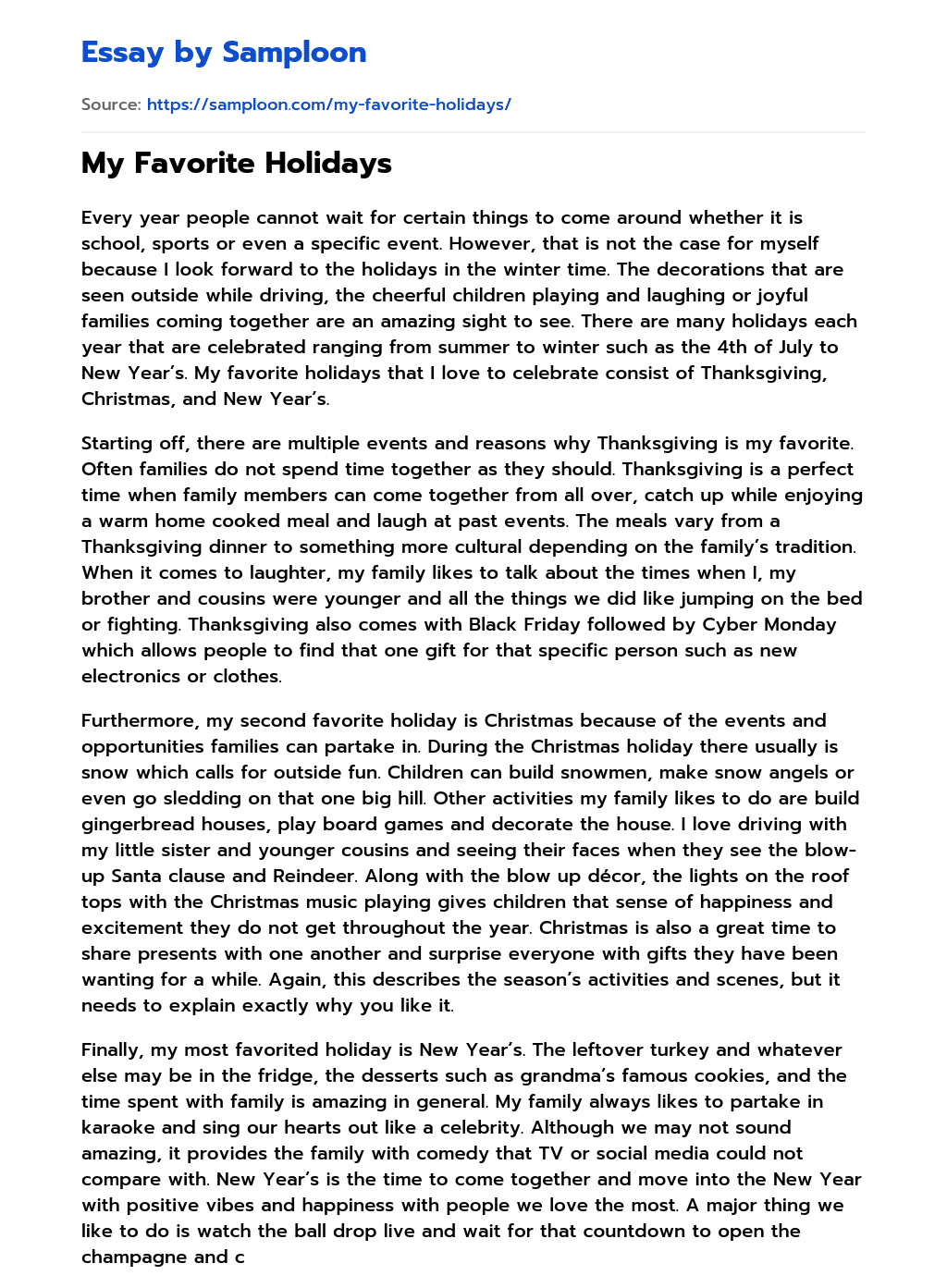 ≫ My Favorite Holidays Free Essay Sample on