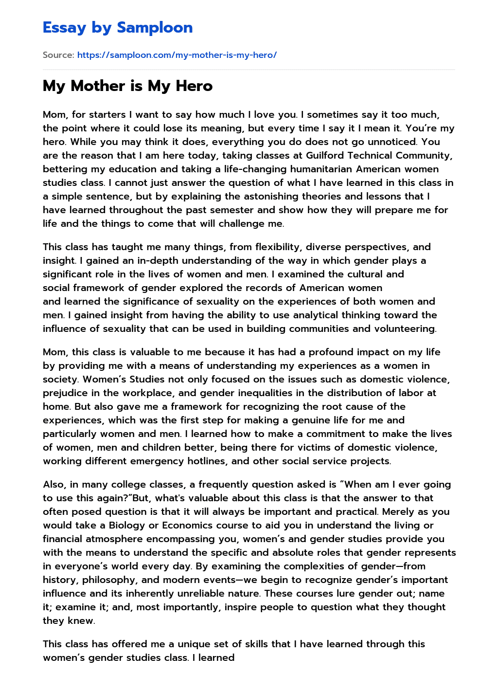 ≫ My Mother is My Hero Free Essay Sample on