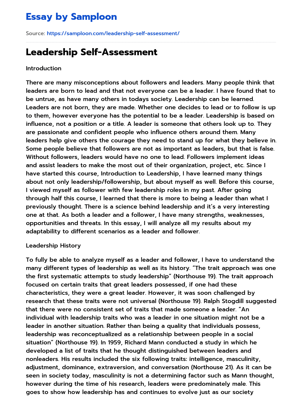 ≫ Leadership SelfAssessment Free Essay Sample on