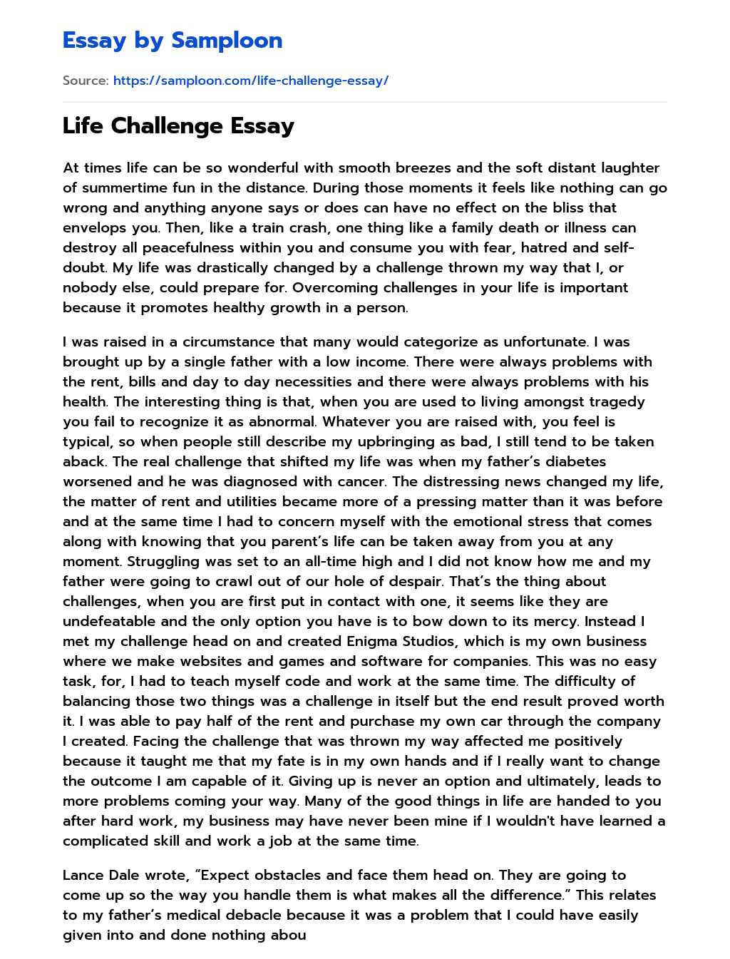 ≫ Life Challenge Essay Free Essay Sample on