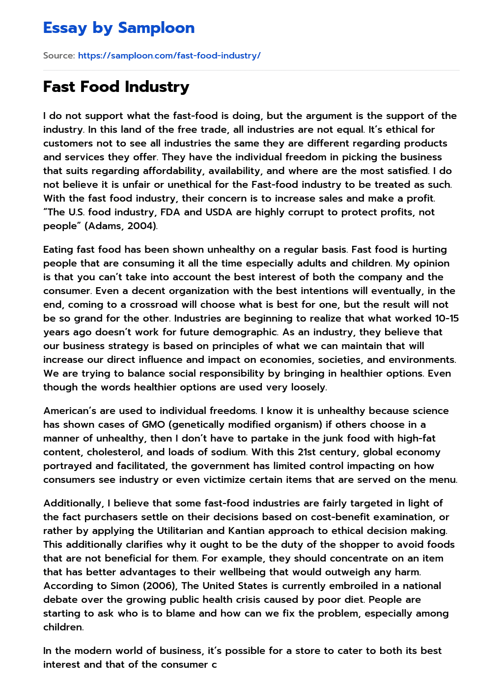 ≫ Fast Food Industry Free Essay Sample on