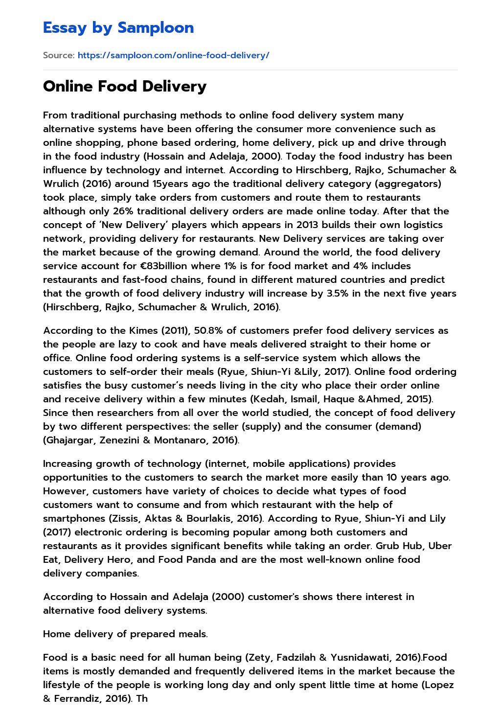 Online Food Delivery Free Essay Sample on