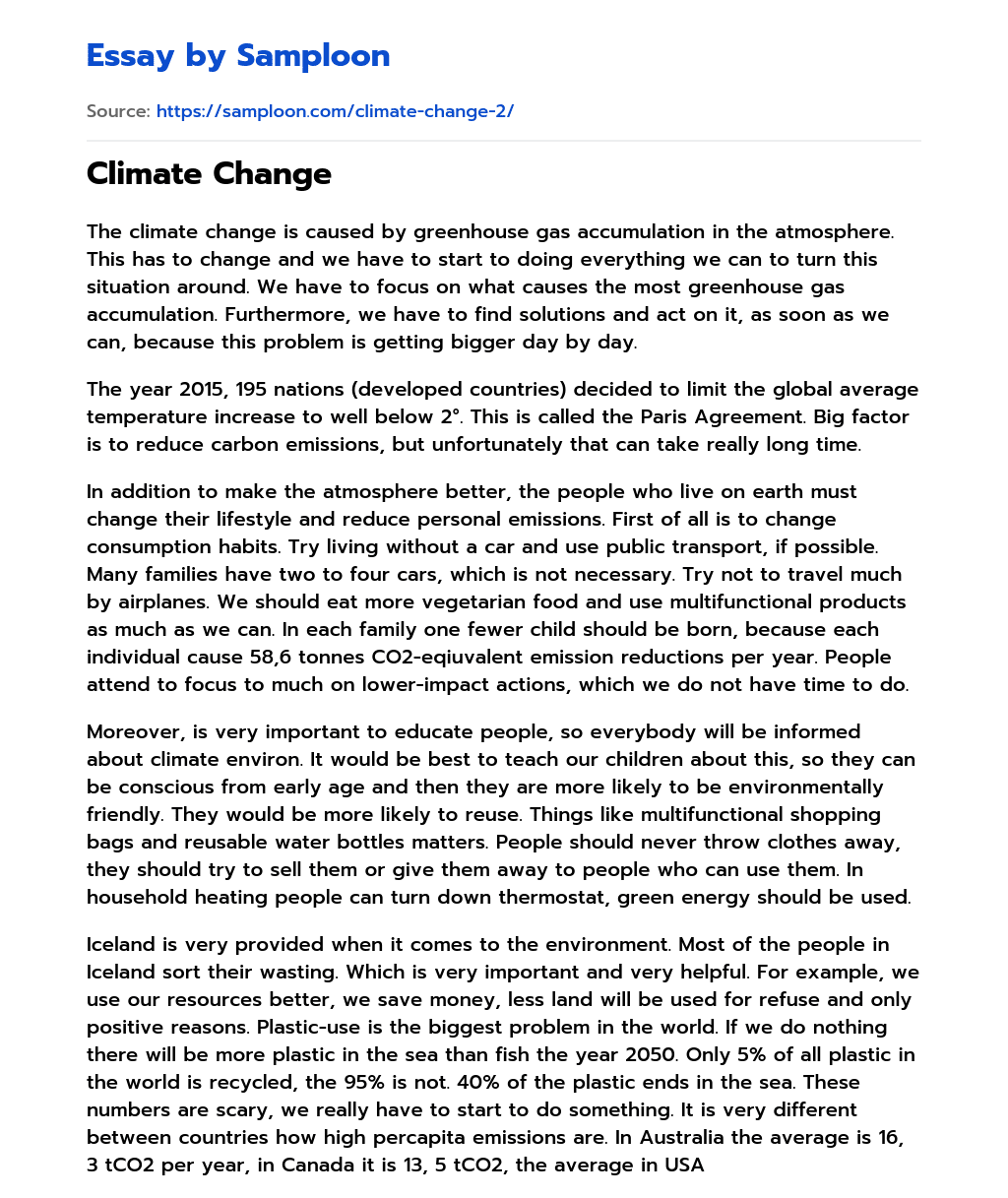 ≫ Climate Change Free Essay Sample on