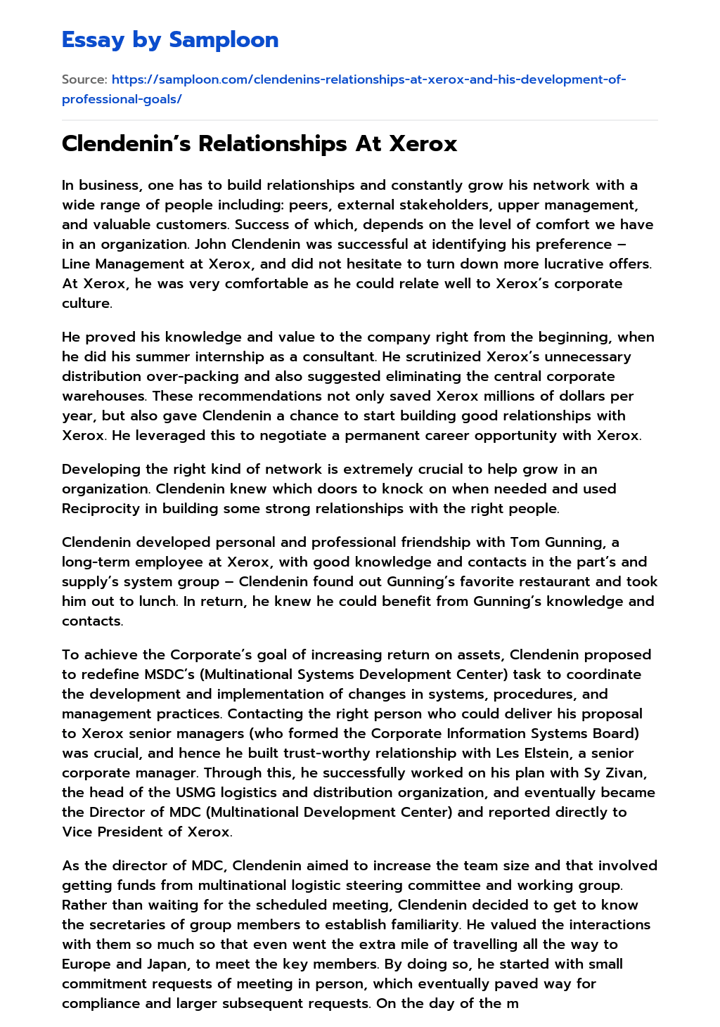 ≫ Clendenin’s Relationships At Xerox Free Essay Sample on