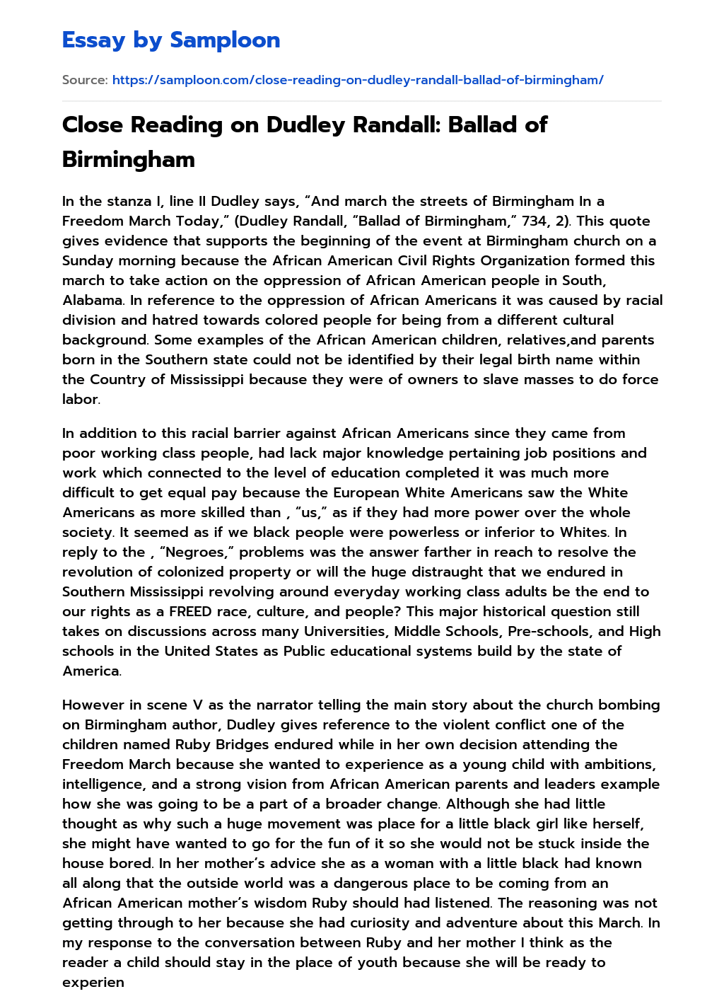 Close Reading on Dudley Randall Ballad of Birmingham Analytical Essay