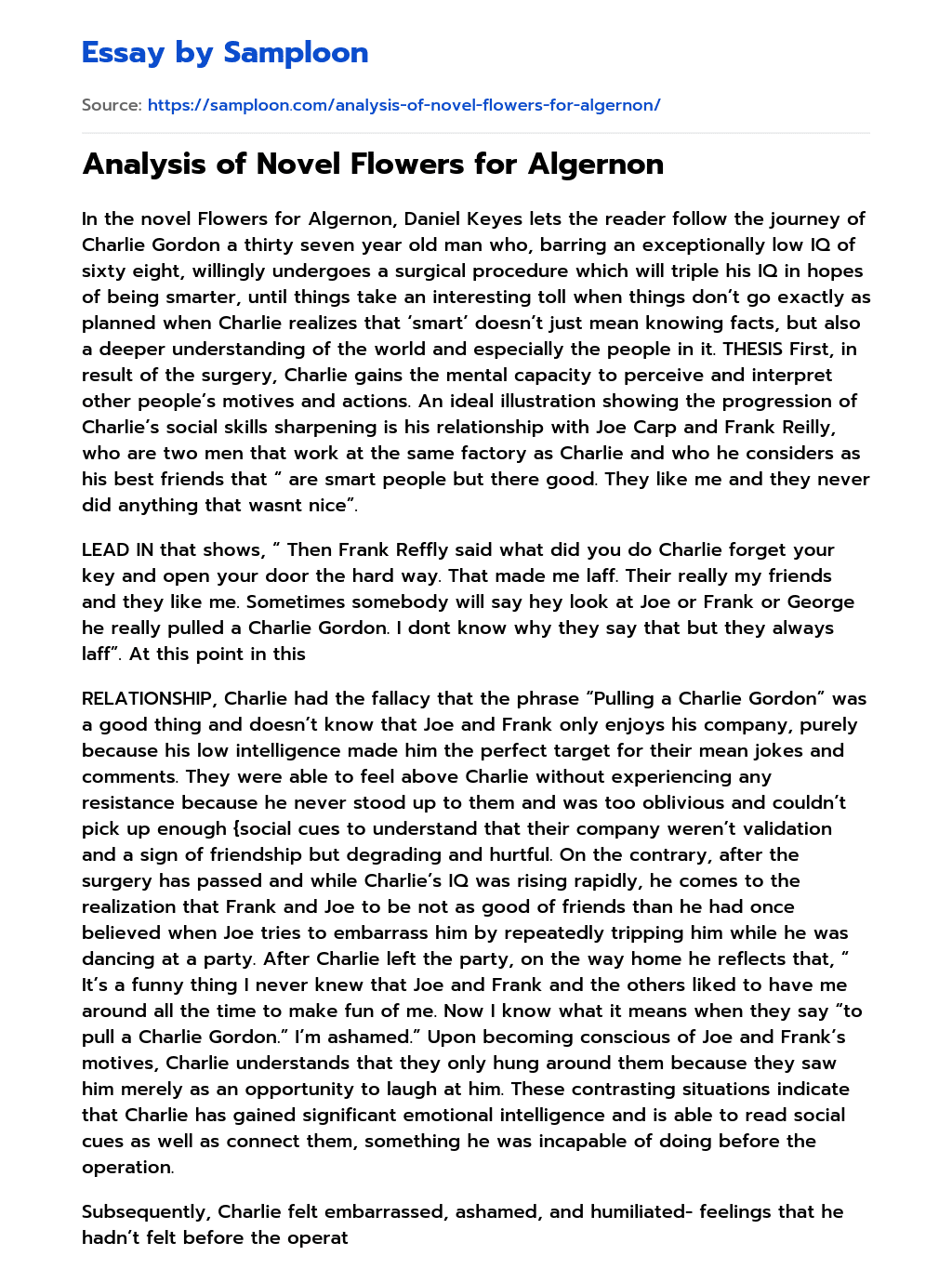 ≫ Analysis of Novel Flowers for Algernon Free Essay Sample on
