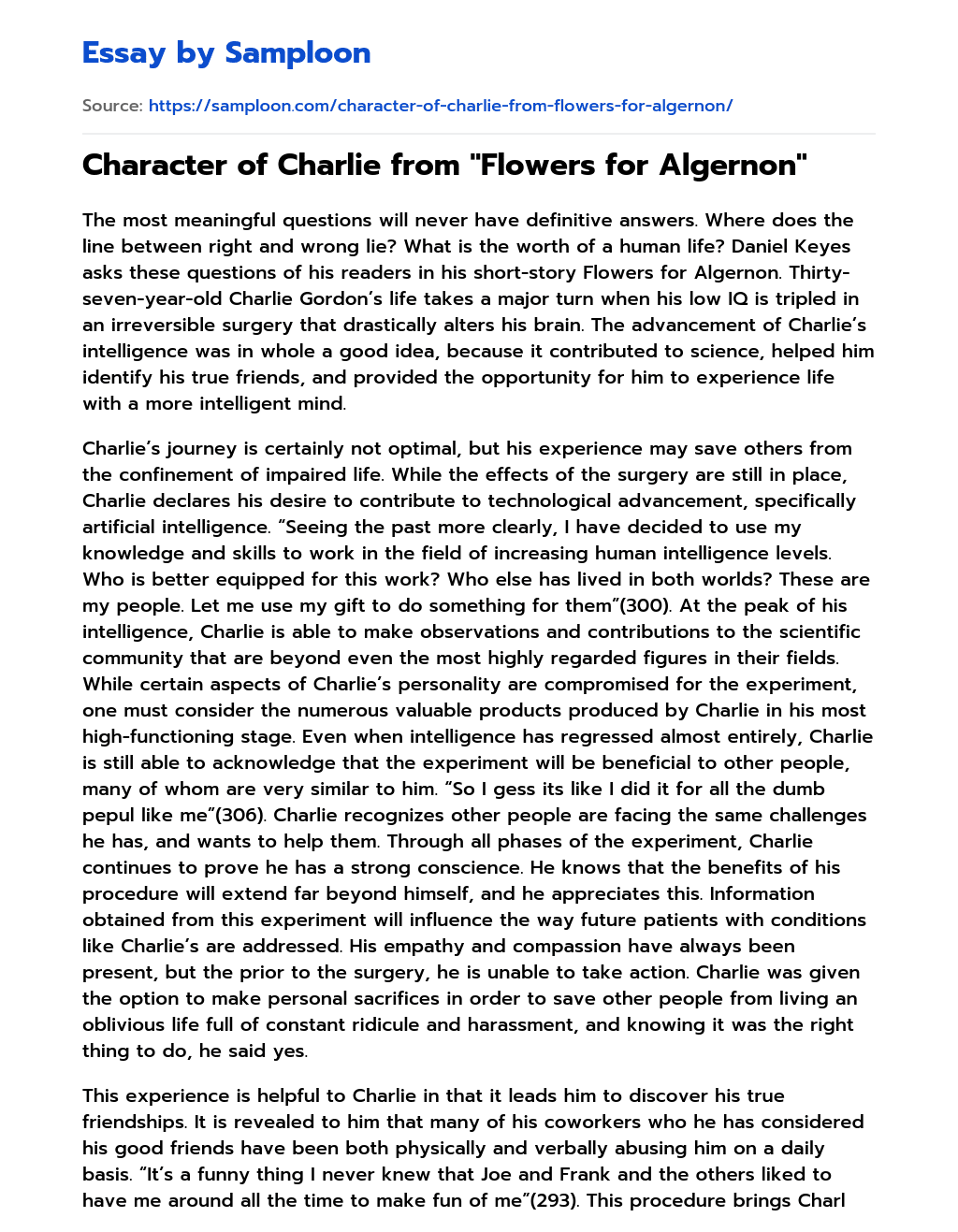 ≫ Character of Charlie from "Flowers for Algernon" Free Essay Sample on