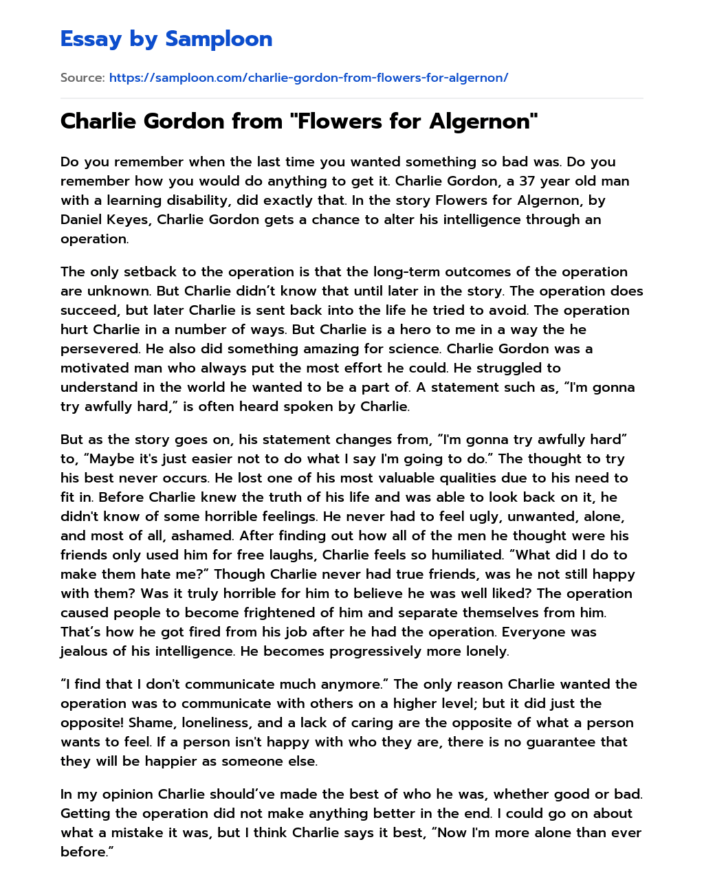 ≫ Charlie Gordon from "Flowers for Algernon" Free Essay Sample on