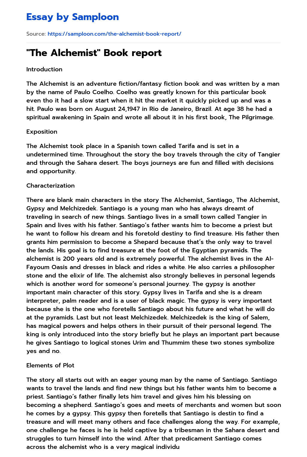 "The Alchemist" Book report Reflective Essay on