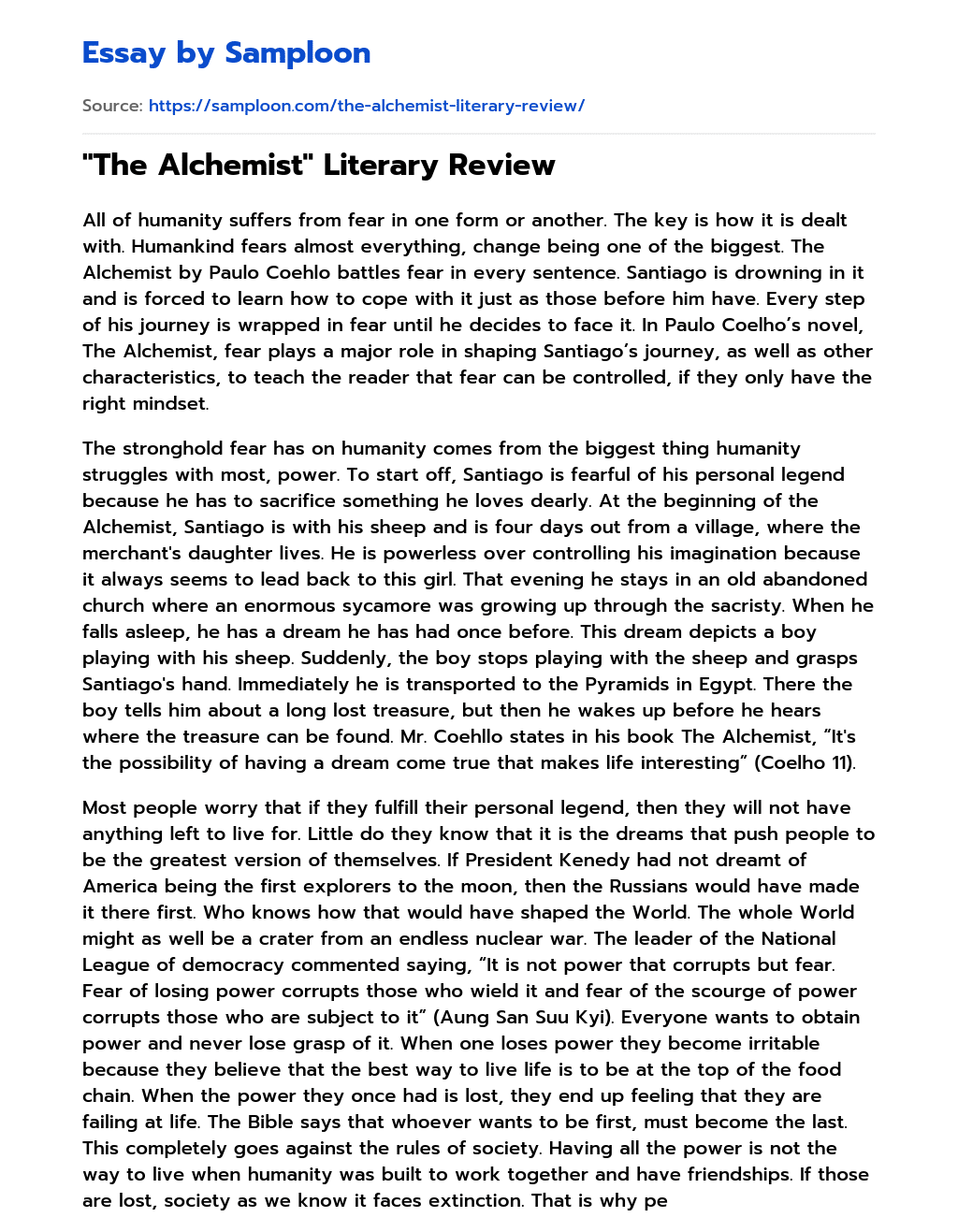 ≫ "The Alchemist" Literary Review Free Essay Sample on