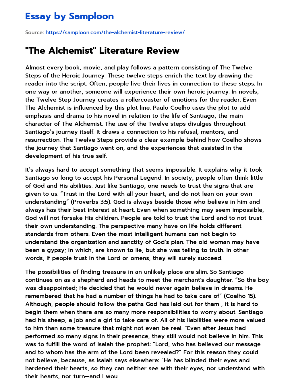 ≫ "The Alchemist" Literature Review Free Essay Sample on