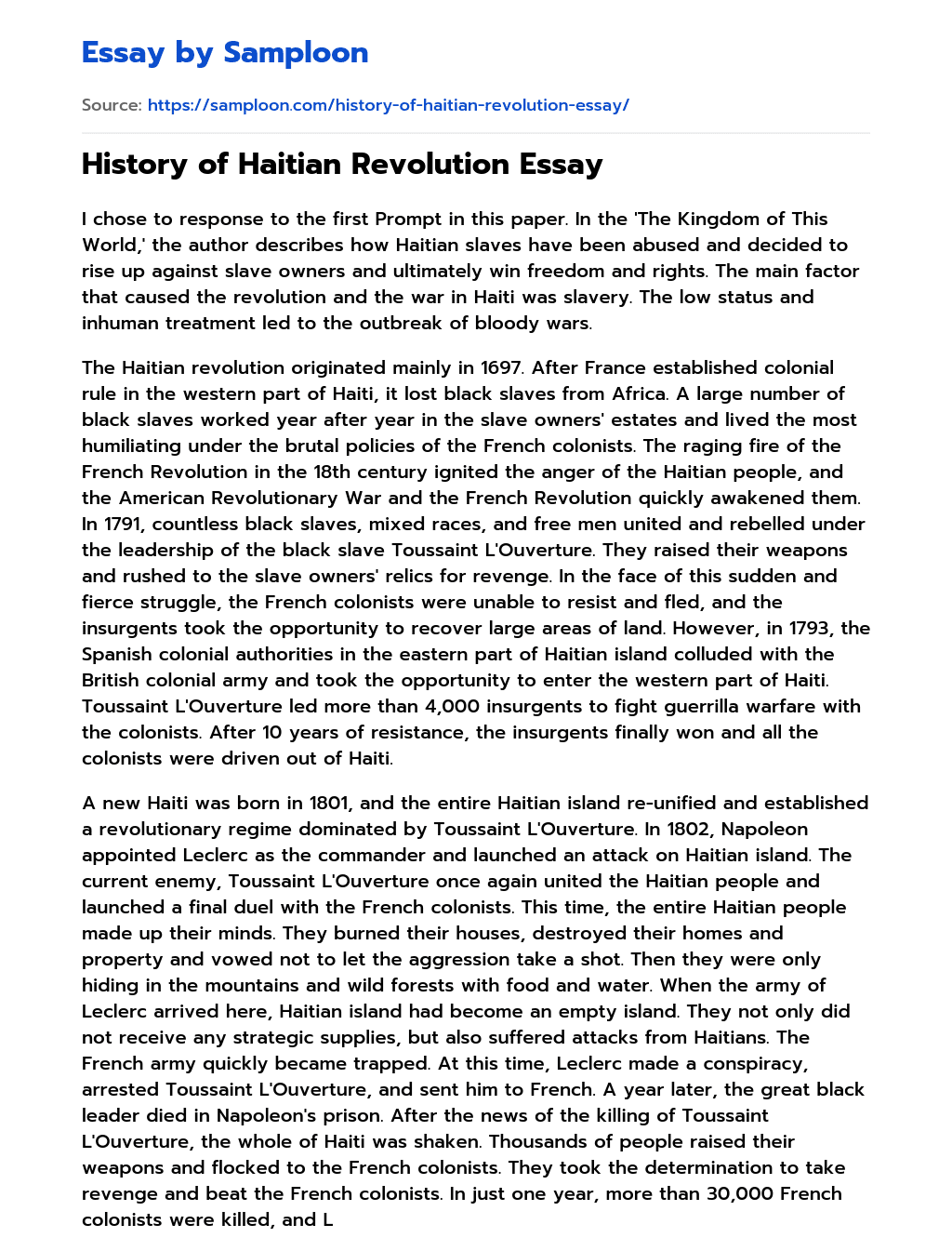 ≫ History of Haitian Revolution Essay Free Essay Sample on