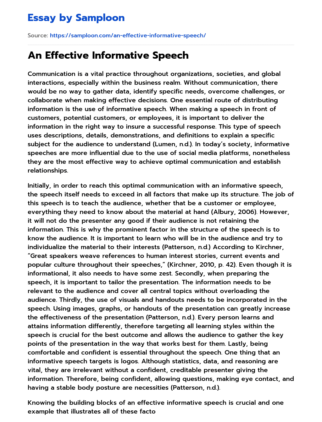 An Effective Informative Speech Informative Essay on