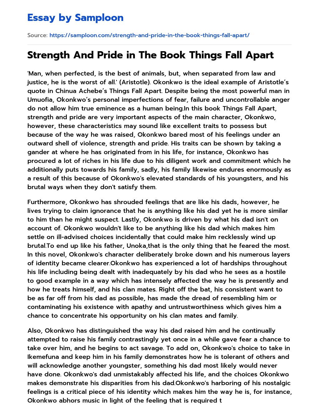 ≫ Strength And Pride in The Book Things Fall Apart Free Essay Sample on